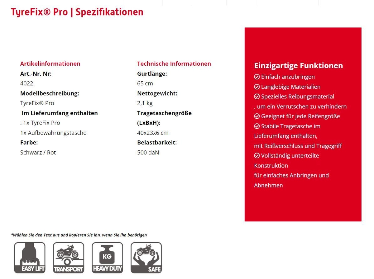 Motorrad Verzurrset Datenblatt