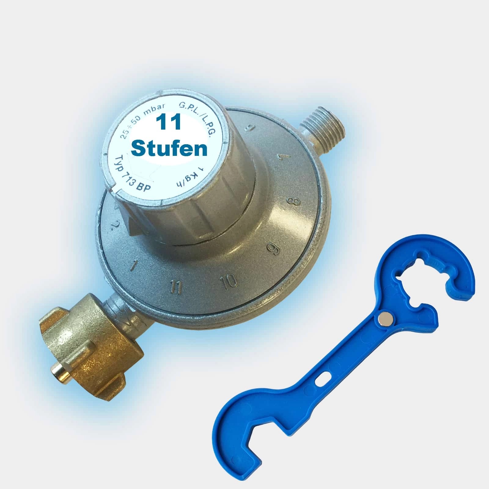 Gas-Druck-Regler 11-Stufen-Regler 25-50 mbar inkl. Gasreglerlöser mit Magnet + Schlüssel 17mm für Überwurfmutter 1/4"