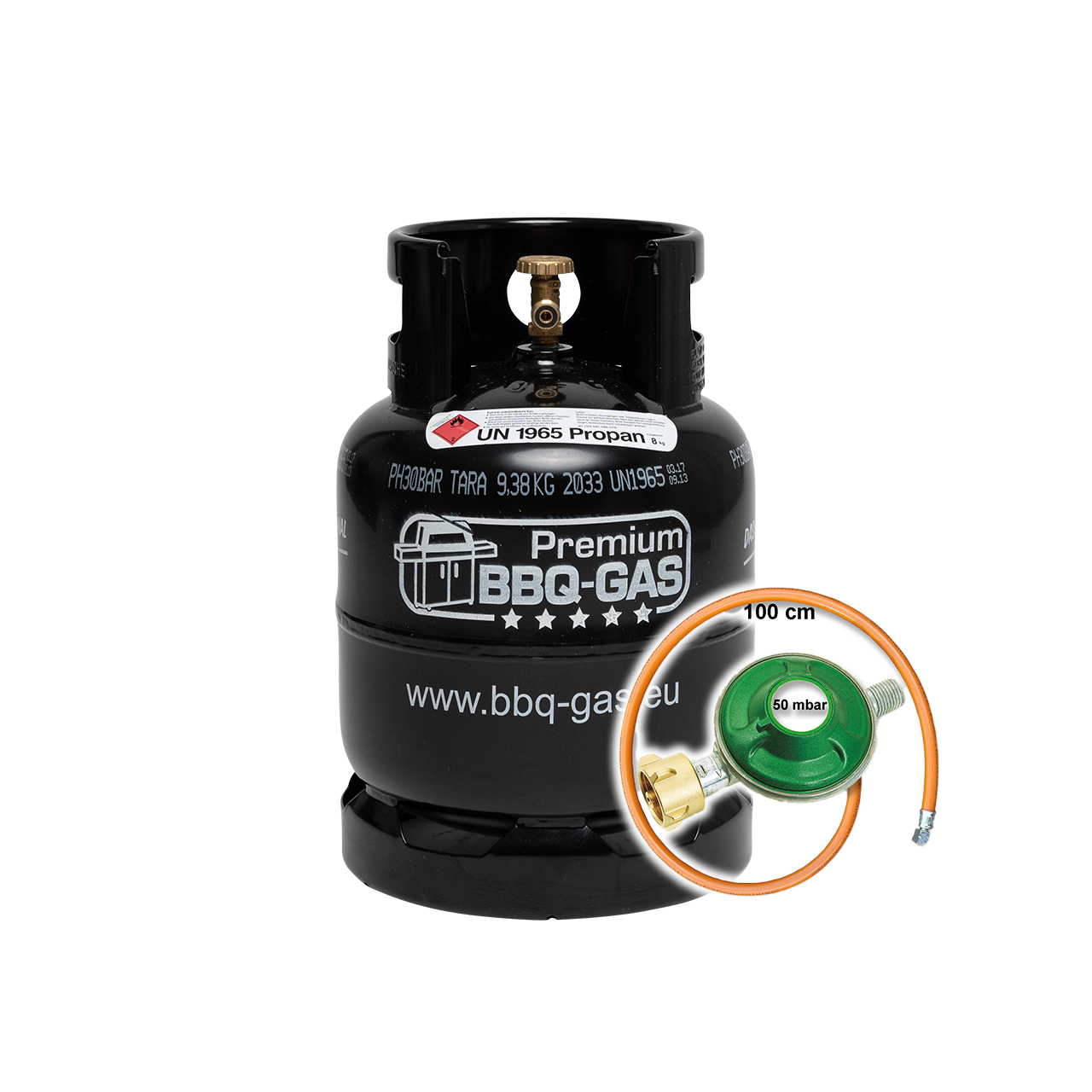 Premium BBQ-GAS Flasche 8kg ungefüllt    im Set 1 Regler und Schlauch  