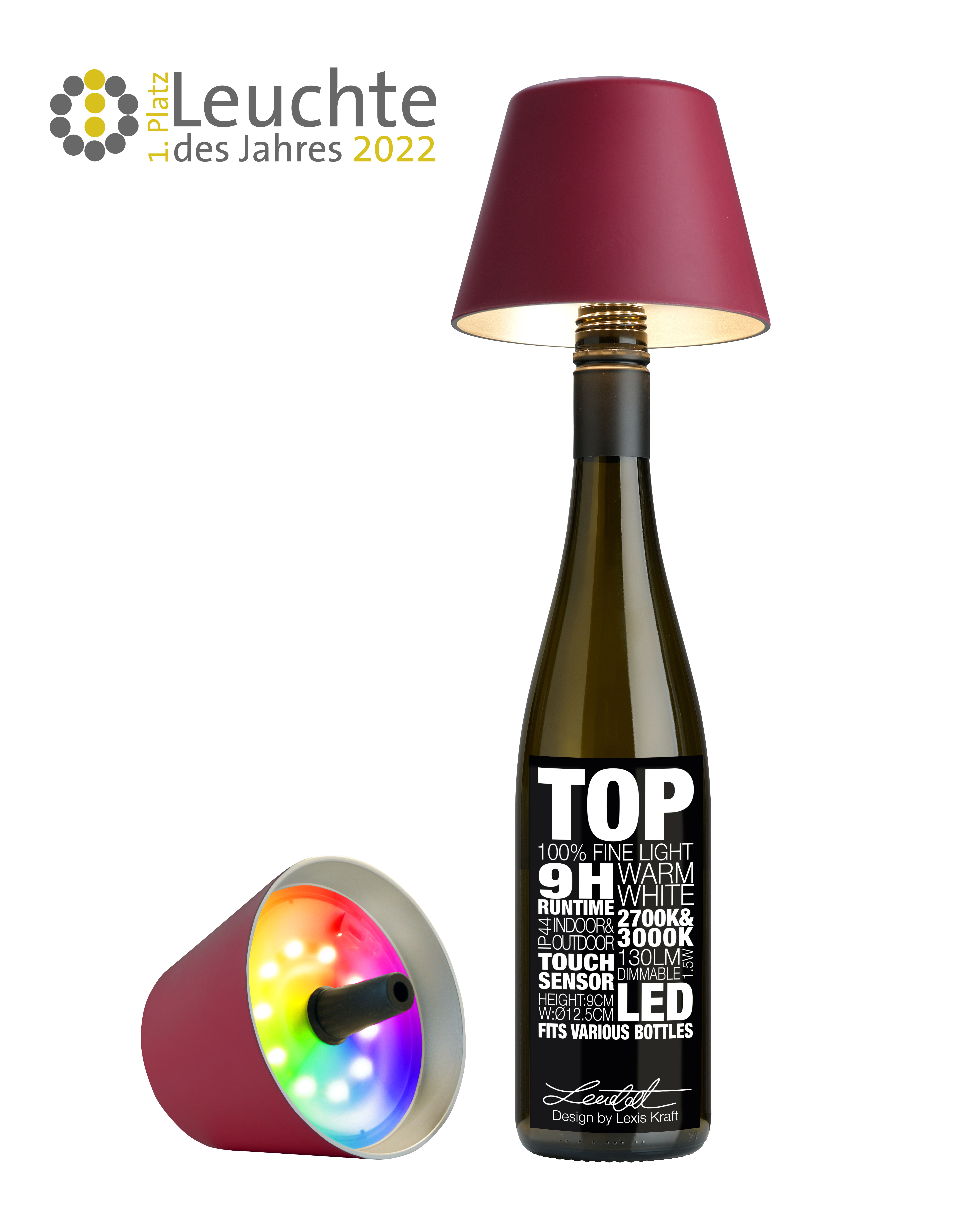 Sompex Leuchte "TOP 2.0" Akku LED  Flaschenaufsatz Bordeaux