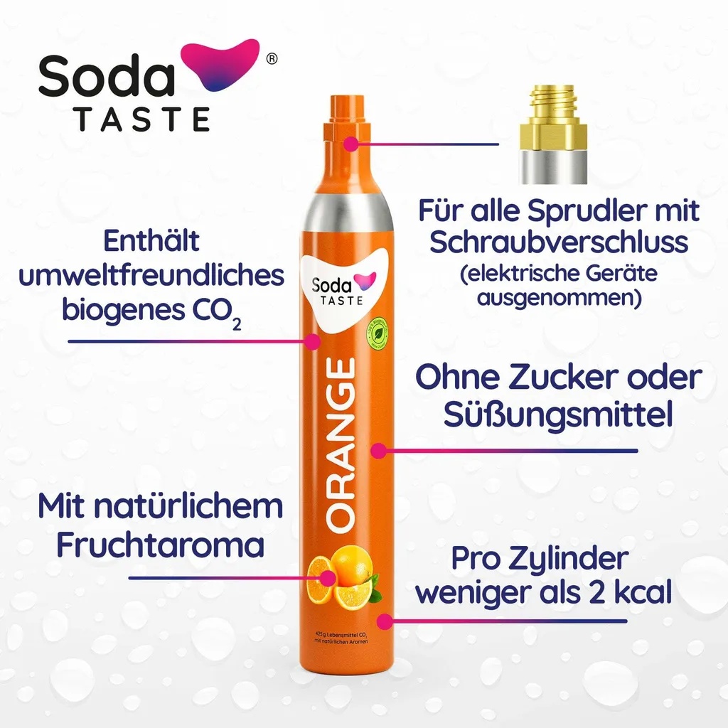 Oranger Co2 Ornagearoma Zylinder, Für alle Sprudler mit Schraubenverschluss, Enhält umweltfreundliches biogenes CO2, mit natürlichem Fruchtaroma, Ohne Zucker