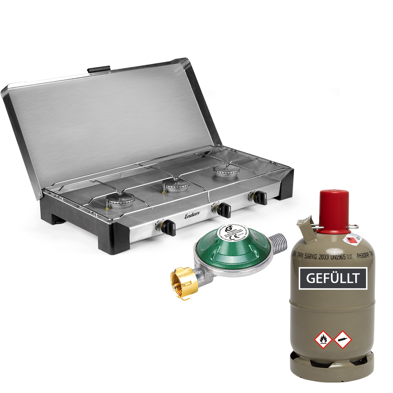 Enders - Campingkocher Brisbane 3 Z 50mbar  inkl. Schlauch, Druckminderer, 5kg grau Voll