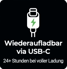 Wiederaufladbar via USB-C und der Akku hält aufgeladen 24 Stunden