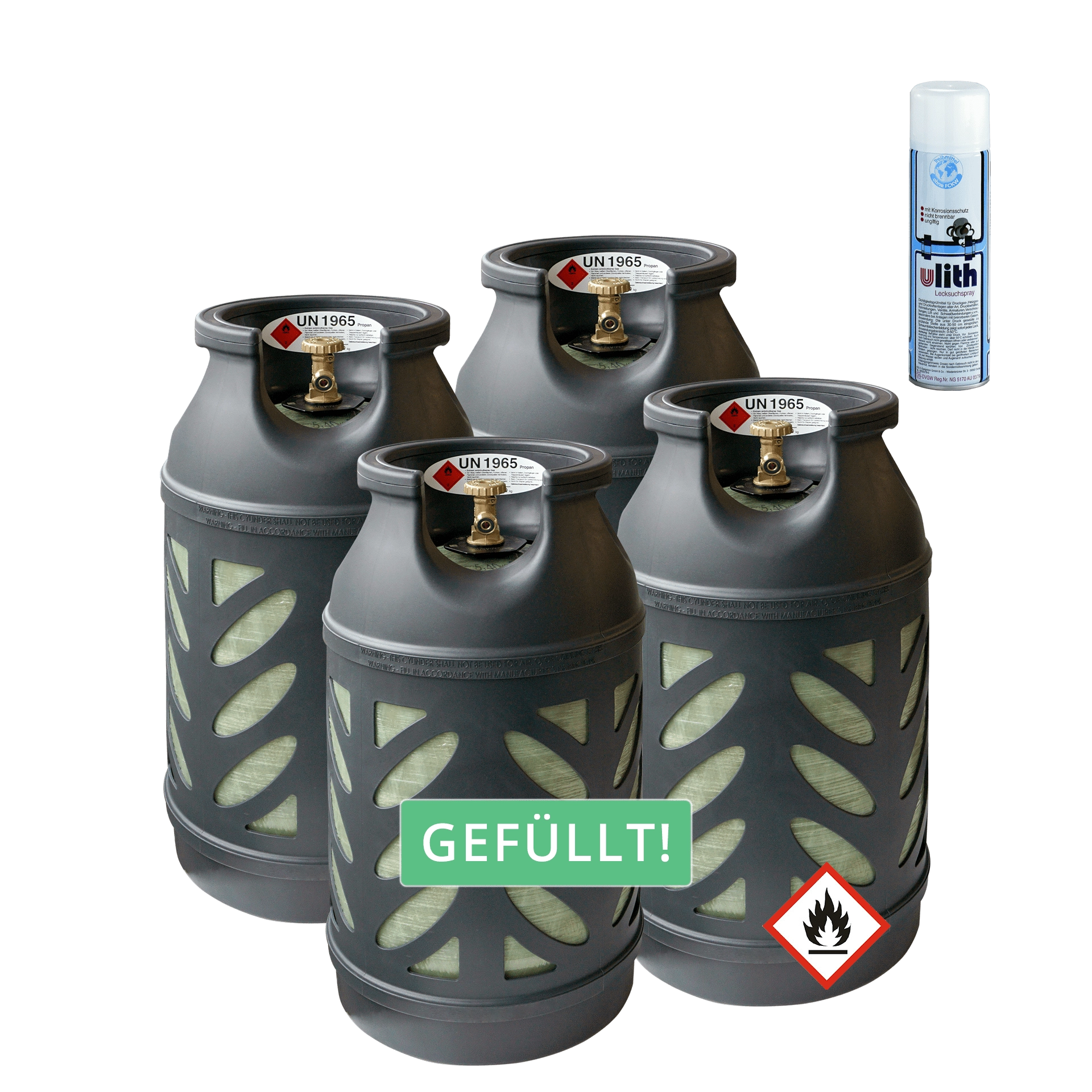 4x Premium Composite 10 kg Eigentums Propangasflasche gefüllt inkl. Lecksuchspray