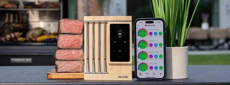 Der neue Meater Pro XL wird mit den vier unterschiedlichen Steak Varianten gezeigt, die damit zeitgleich erreicht werden können.