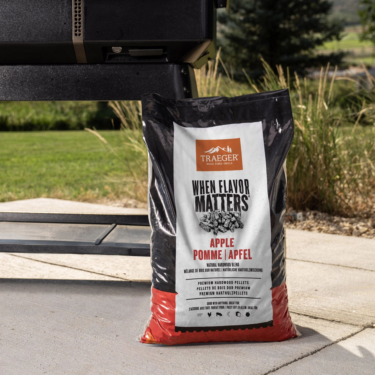Sack steht vor dem Traeger Pelletgrill