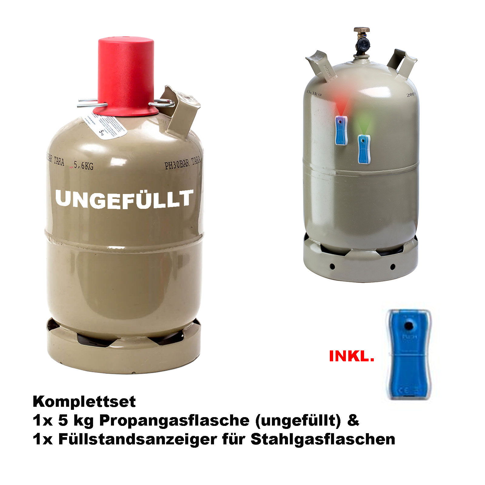 Gasflaschenwaage iGasView für Gasflaschen inkl. ungefüllter  Propan-Gasflasche 11 kg, grau & 2 in 1 Gasreglerschlüssel mit Magnet