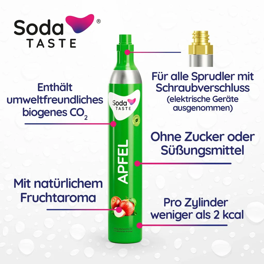 Grüner Co2 Apfelaroma Zylinder, Für alle Sprudler mit Schraubenverschluss, Enhält umweltfreundliches biogenes CO2, mit natürlichem Fruchtaroma, Ohne Zucker