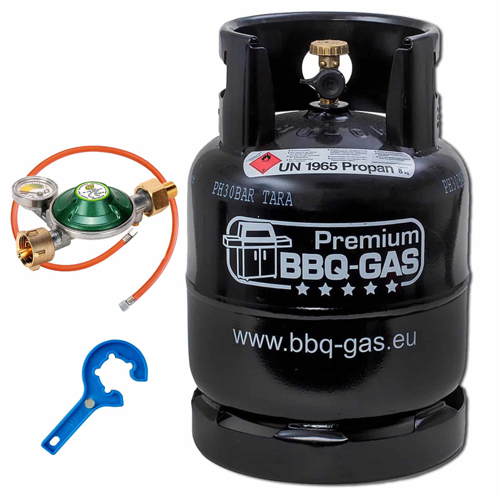 BBQ-Gasflasche 8kg leer mit Gasregler 50 mbar  Schlauch Gasflaschenschlüssel  