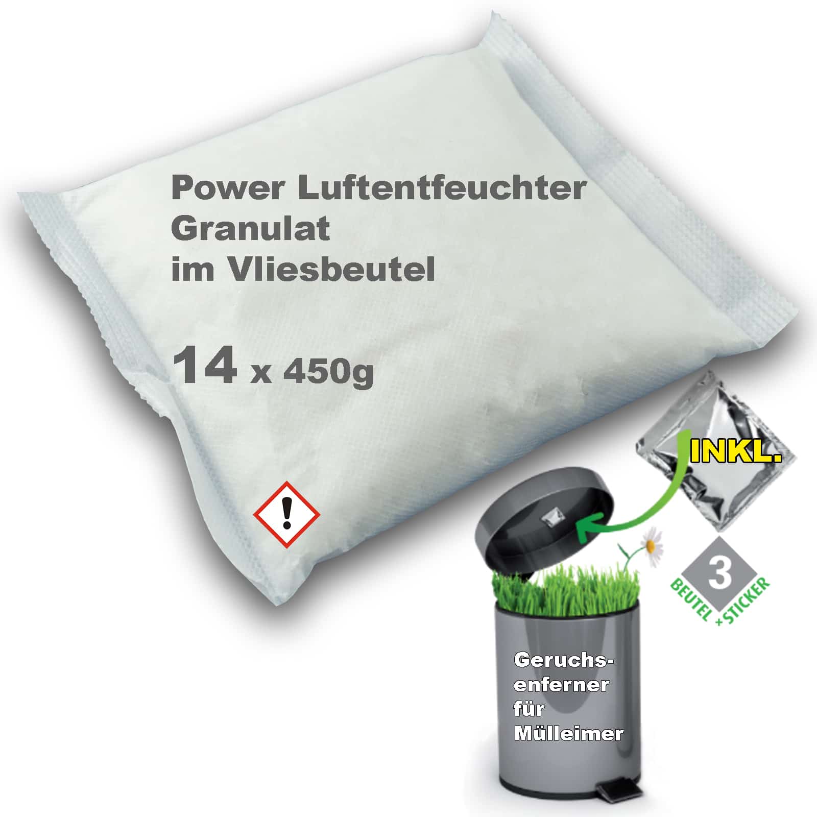 Luftentfeuchter Granulat 14x 450g Nachfüllpack im   Vliesbeutel + 3x Geruchsabsorber für Mülleimer