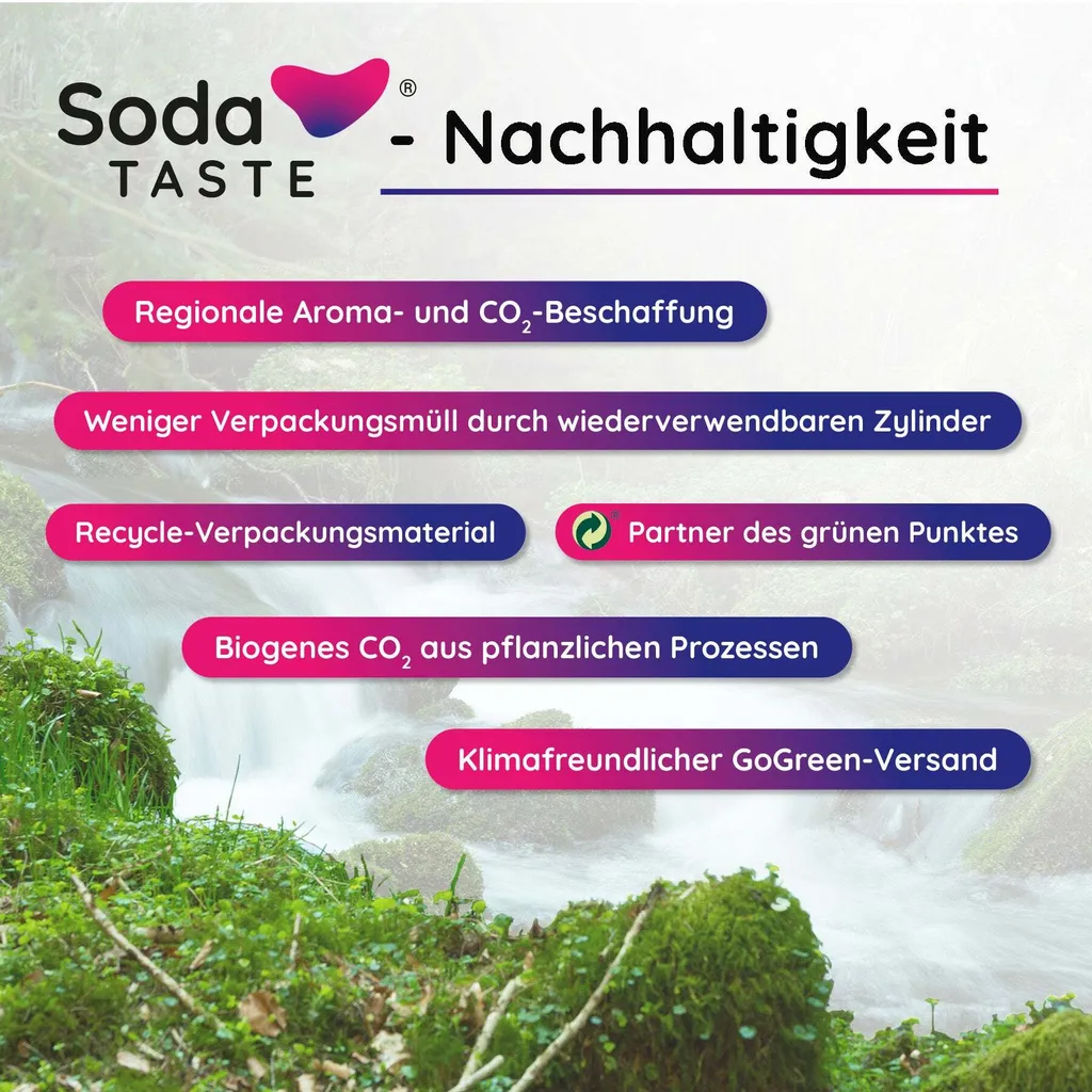 Info über die Nachhaltigkeit von SodaTaste, Weniger Müll durch wiederverwendbaren Zylinder, regionale Aroma und Co2 Beschaffung, Partner des grünen Punktes