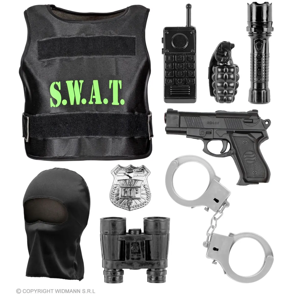 S.W.A.T  5 teiliges Set   Weste,Maske,Abzeichen,Pistole,Handschellen