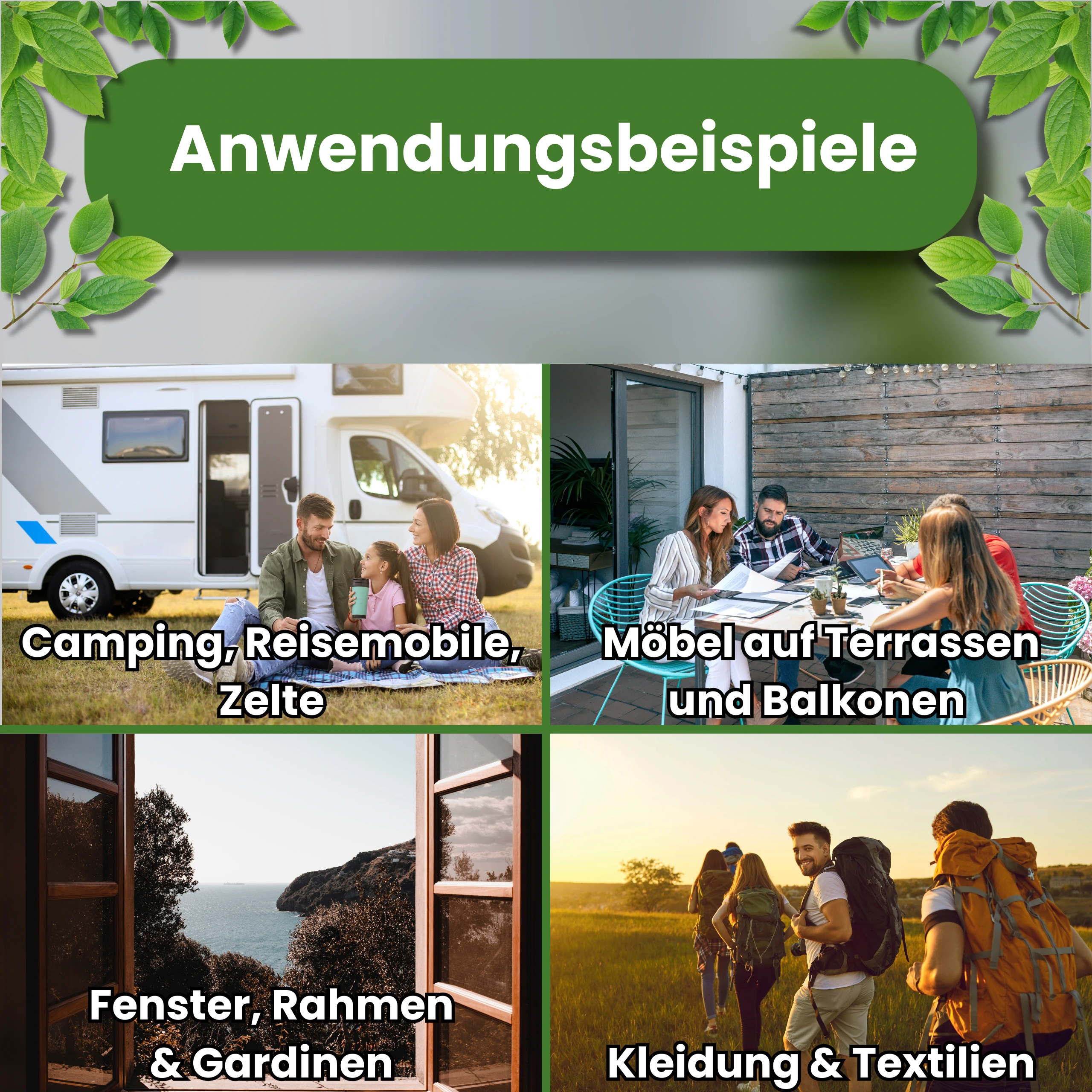 Anwendungsbeispiele des Insekten-Schutzschilds: Camping, Terrassenmöbel, Fenster & Gardinen, Kleidung & Textilien