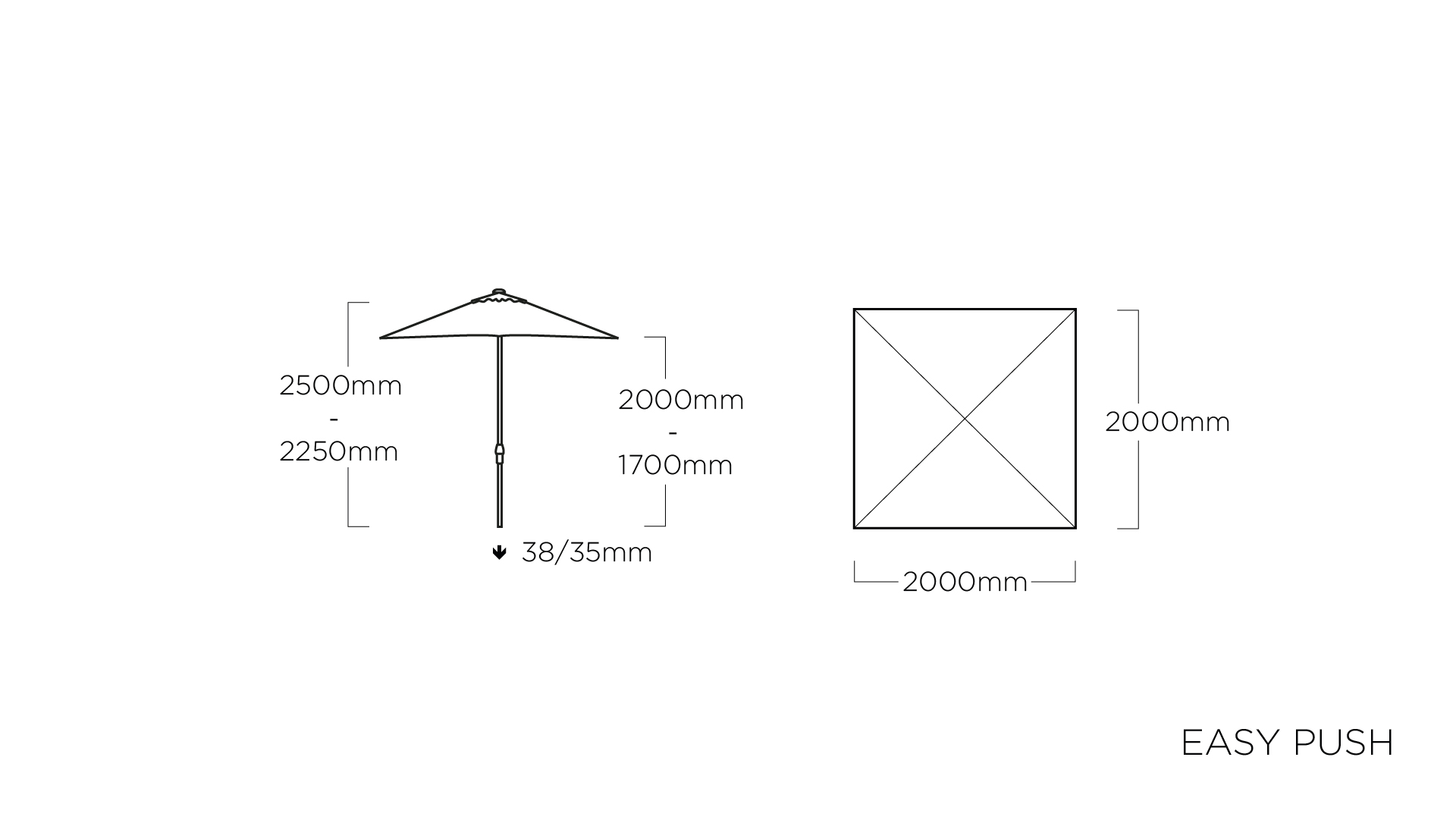 Kettler Easy Push Sonnenschirm 200 x 200 cm Abbildung Maße