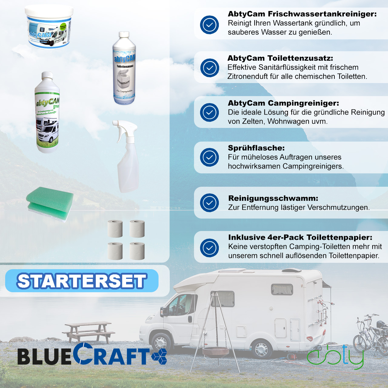 704-START_Aufstellung_AbtyCam-Frischwassertankreiniger_AbtyCam-Toilettenzusatz_AbtyCam-Campingreiniger_Spruehflasche_Reinigungsschwamm_4er-Pack-Toilettenpapier (2)