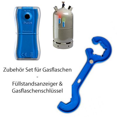 Füllstandsanzeiger grau-blau für Stahlgasflaschen  2,5 - 33 kg & Gasreglerlöser für Gasflaschen 5-11  kg mit Magnet + Schlüssel 17mm