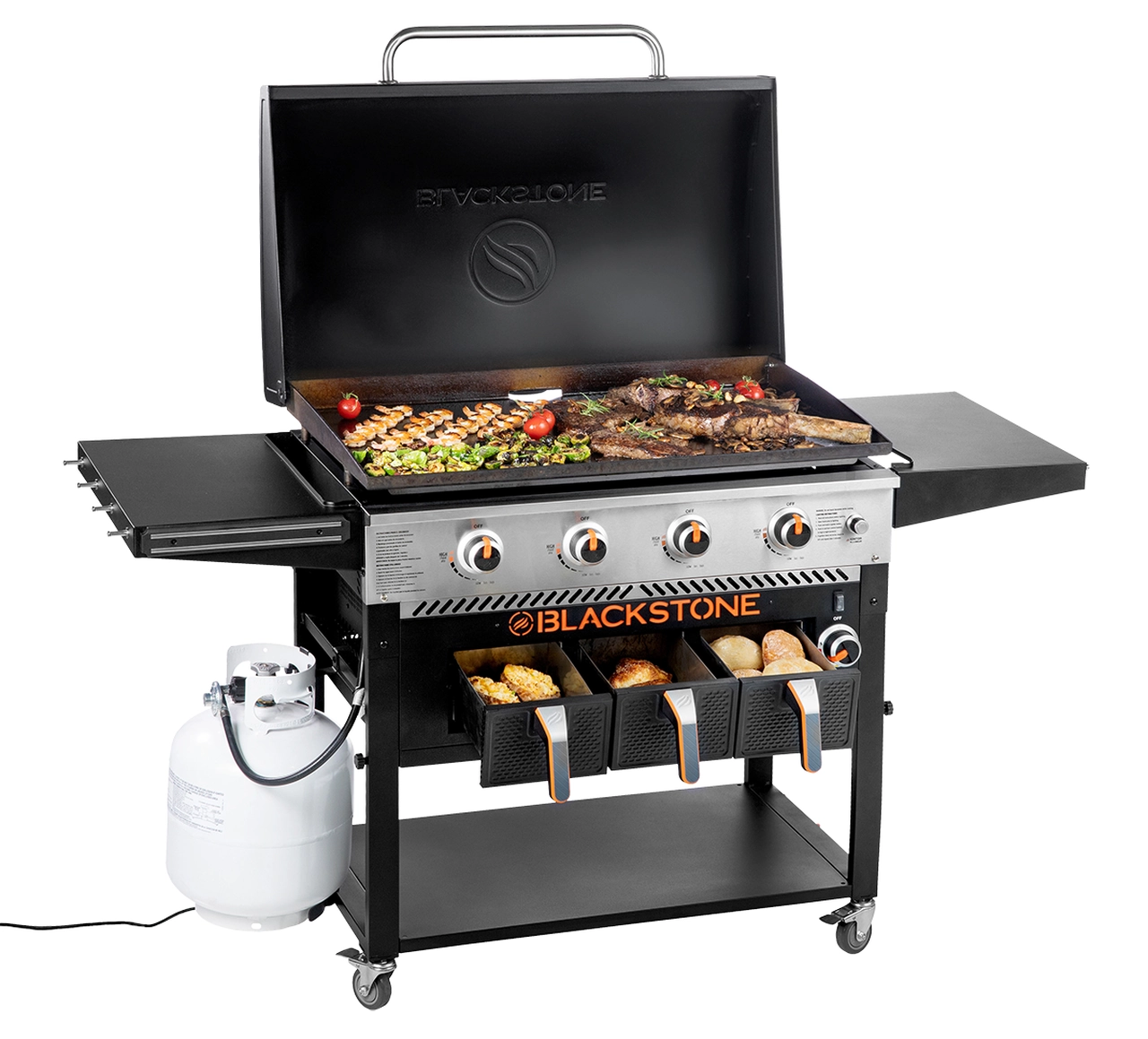 Griddle Bestück mit Grillgut und geöffnetem Deckel
