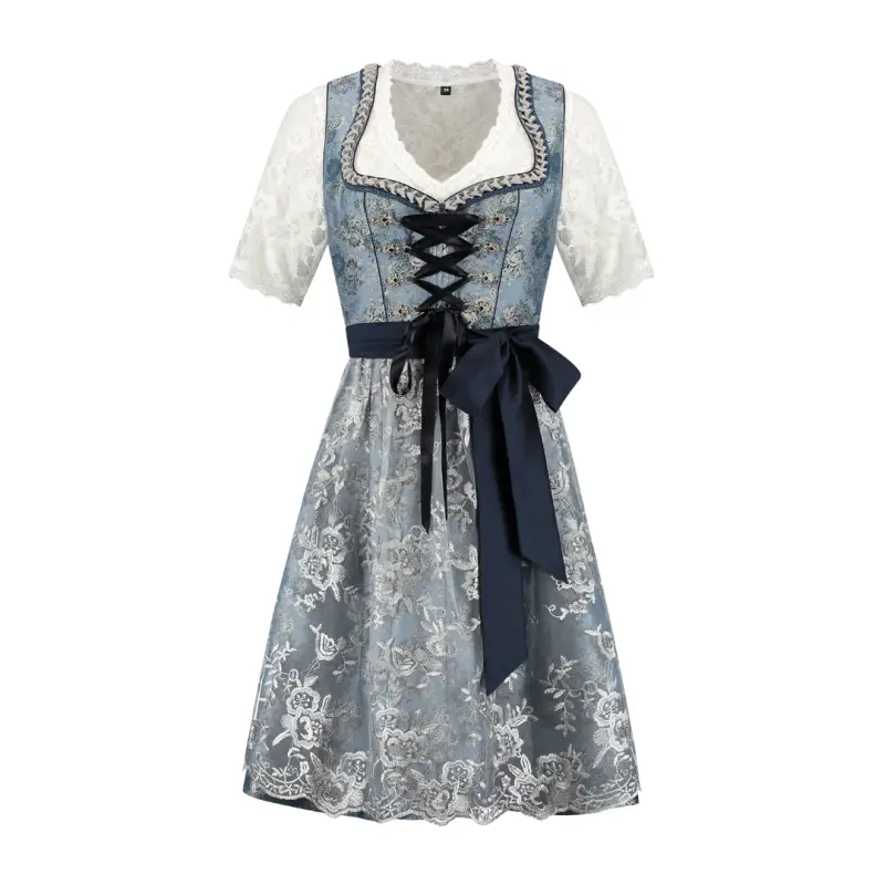 Dirndl 2- teilig, Blau/Blumen, Spitzenschürze