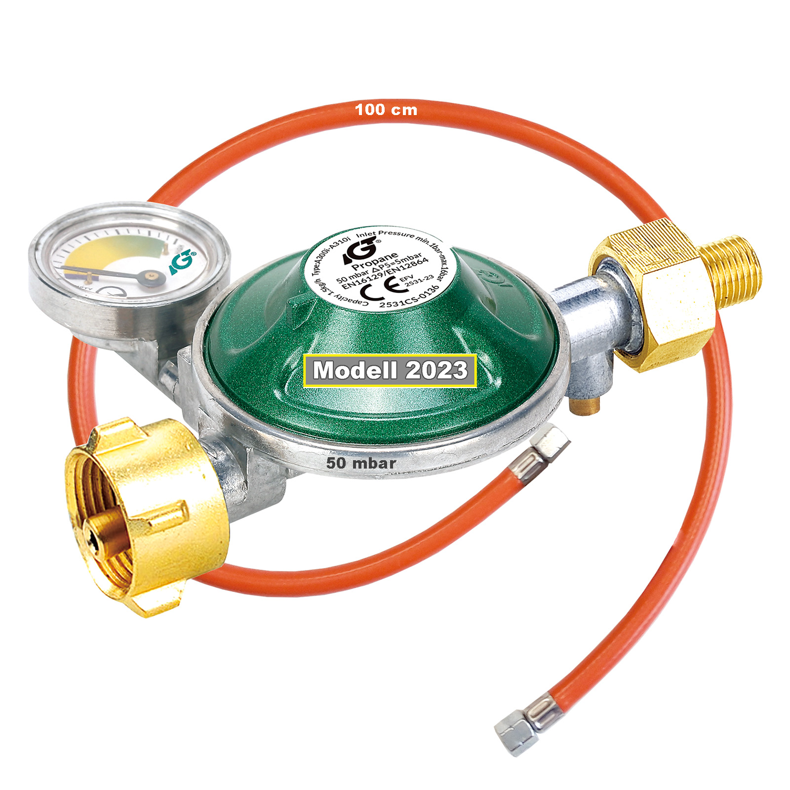 Gasregler Druckminderer 50 mbar mit Manometer  und Gas-Füllstandsanzeige | Gasschlauch 100cm | inkl. 2 in 1 Gasregler-Schlüssel