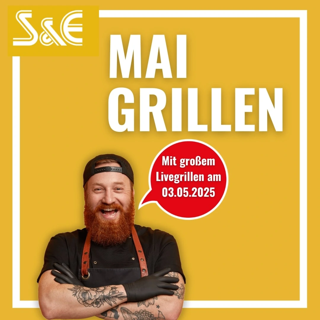 Banner für das Maigrillen, Mann mit Bart, Vorteile des Events