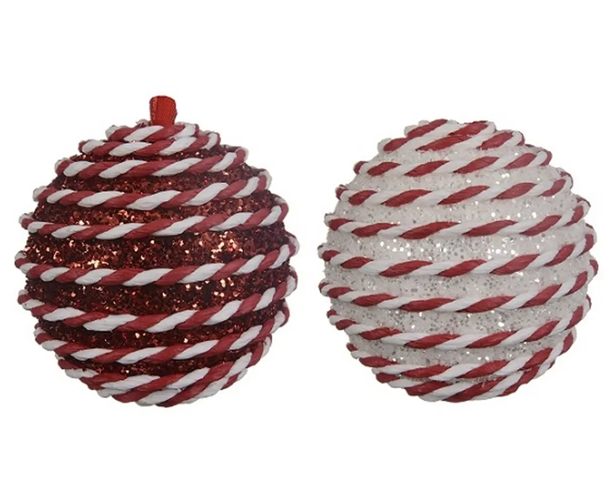 Kaemingk Weihnachtskugel weiß rot glitzer Ø 8 cm gestreift 