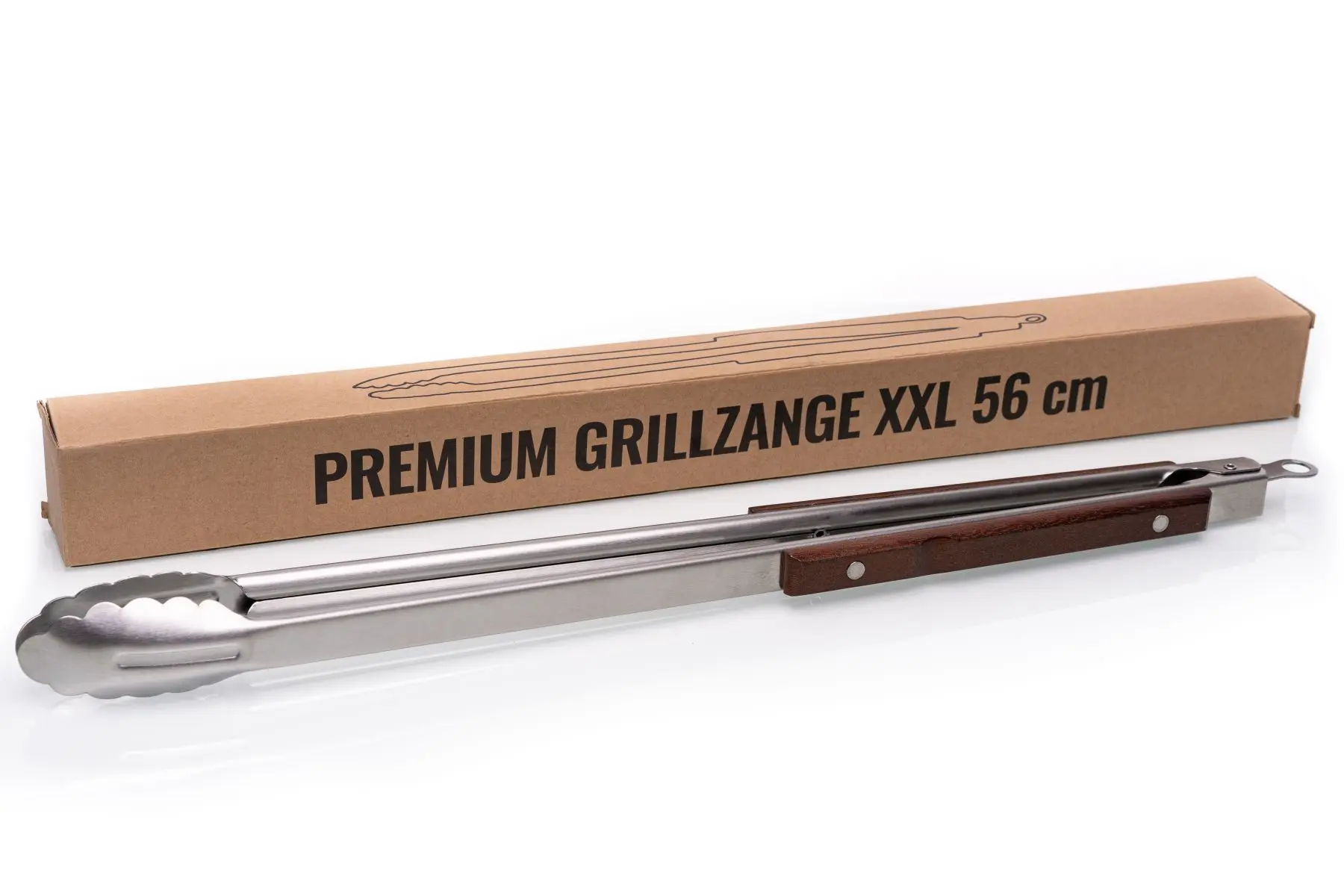 XXL BBQ Grillzange 56 cm aus Edelstahl  extra lang mit einem Holzgriff