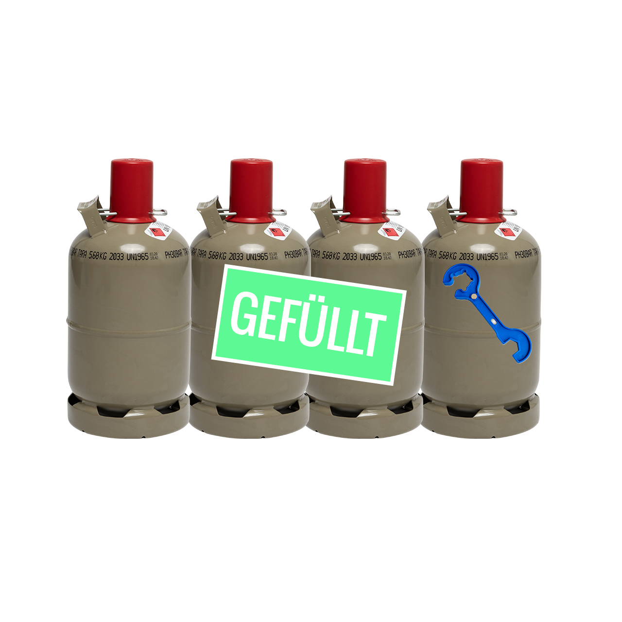 4x 5kg Propan Gasflasche - gefüllt    Ulith® Lecksuchspray 400 ml