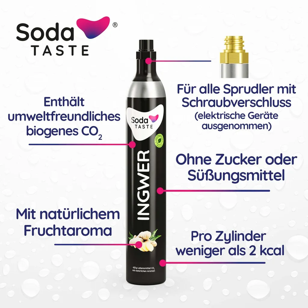 Schwarzer Co2 Ingweraroma Zylinder, Für alle Sprudler mit Schraubenverschluss, Enhält umweltfreundliches biogenes CO2, mit natürlichem Fruchtaroma, Ohne Zucker