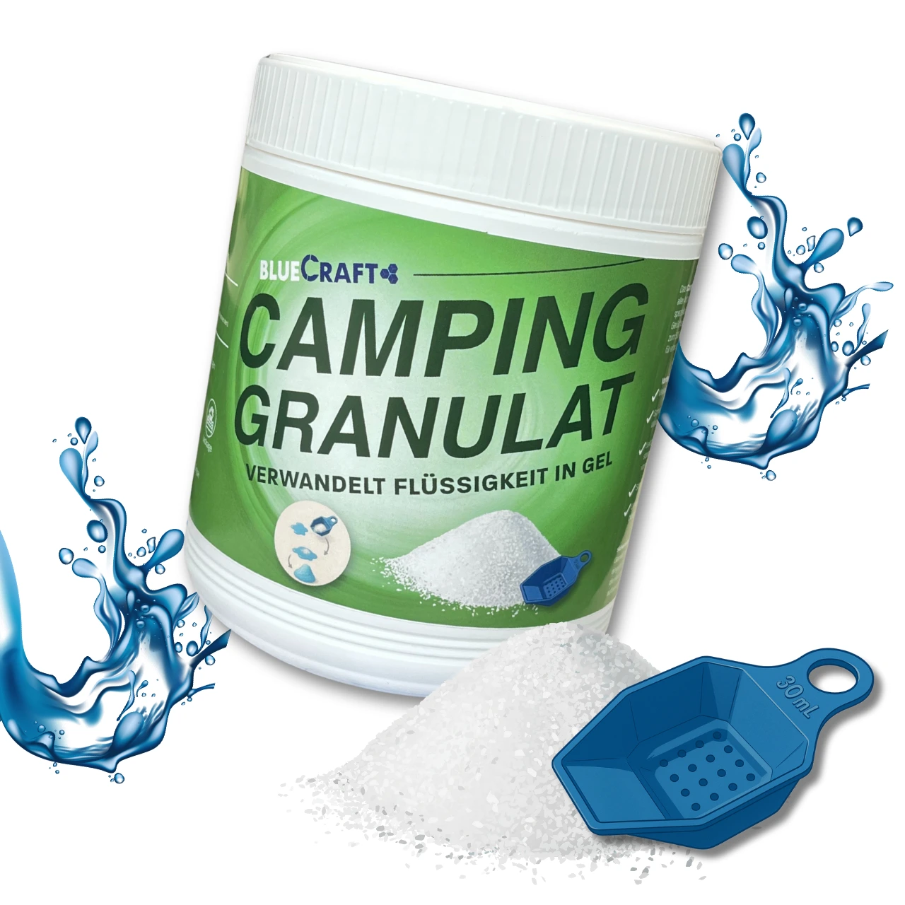 Titelbild des Camping Granulats (900 g): Ideal zur schnellen Absorption von Urin, Fäkalien und Erbrochenem in mobilen Trockentoiletten – hygienisch, geruchshemmend, einfach anzuwenden.