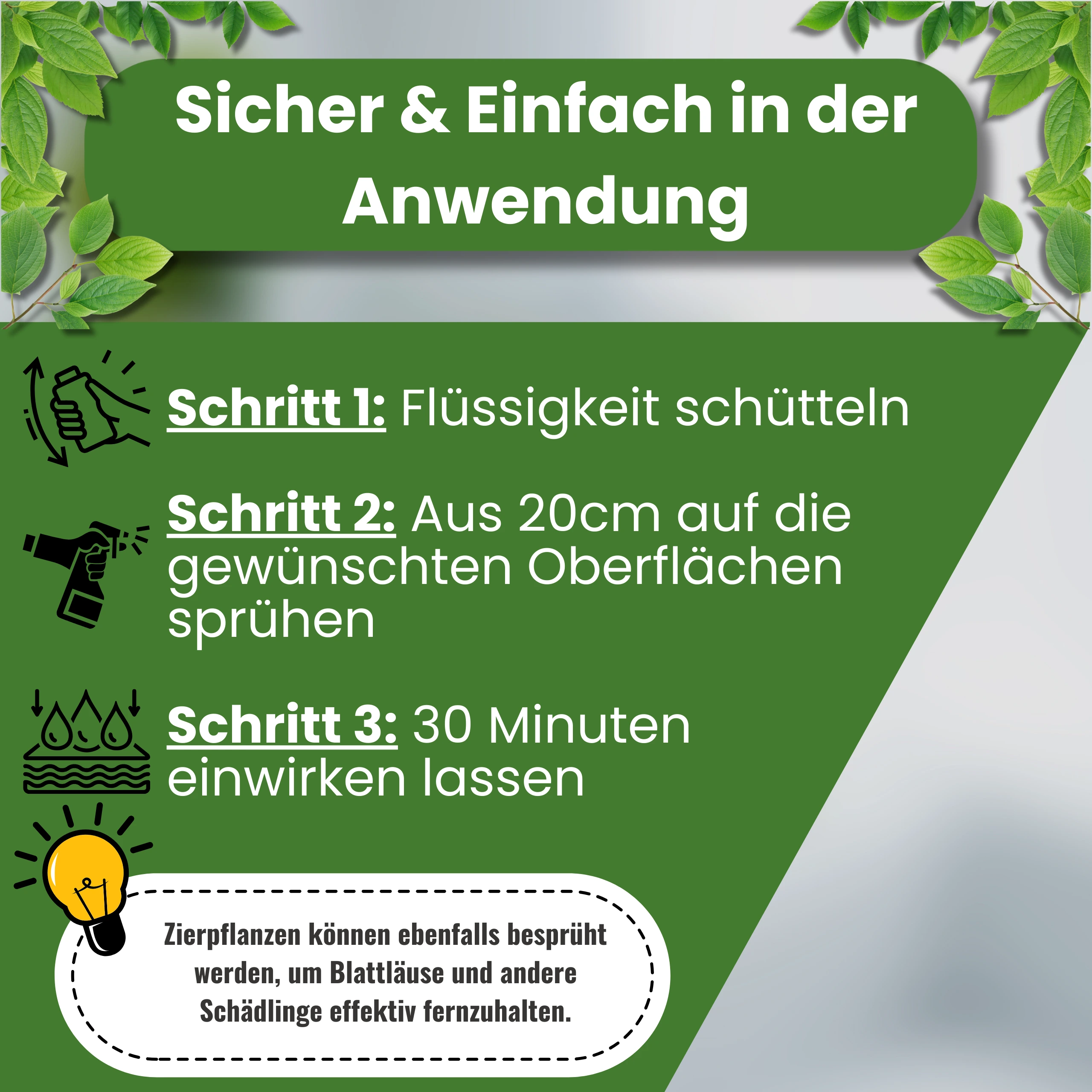 Anwendungsanleitung für das Insekten-Schutzschild Umgebungsspray – Schütteln, aufsprühen, einwirken lassen