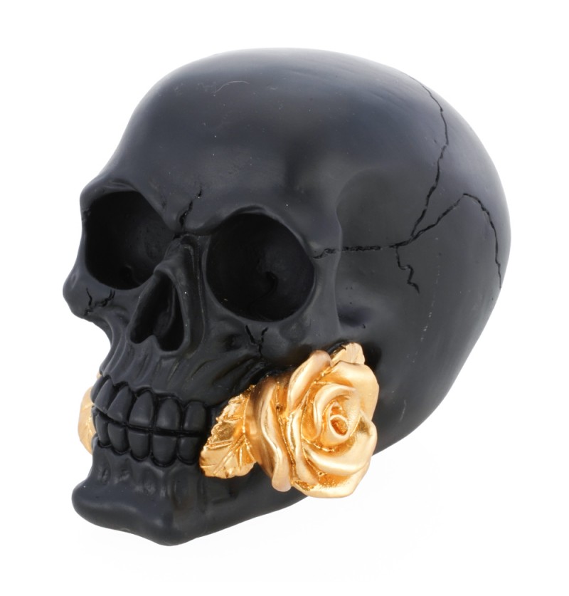 Schwarzer Totenkopf mit goldener Rose 