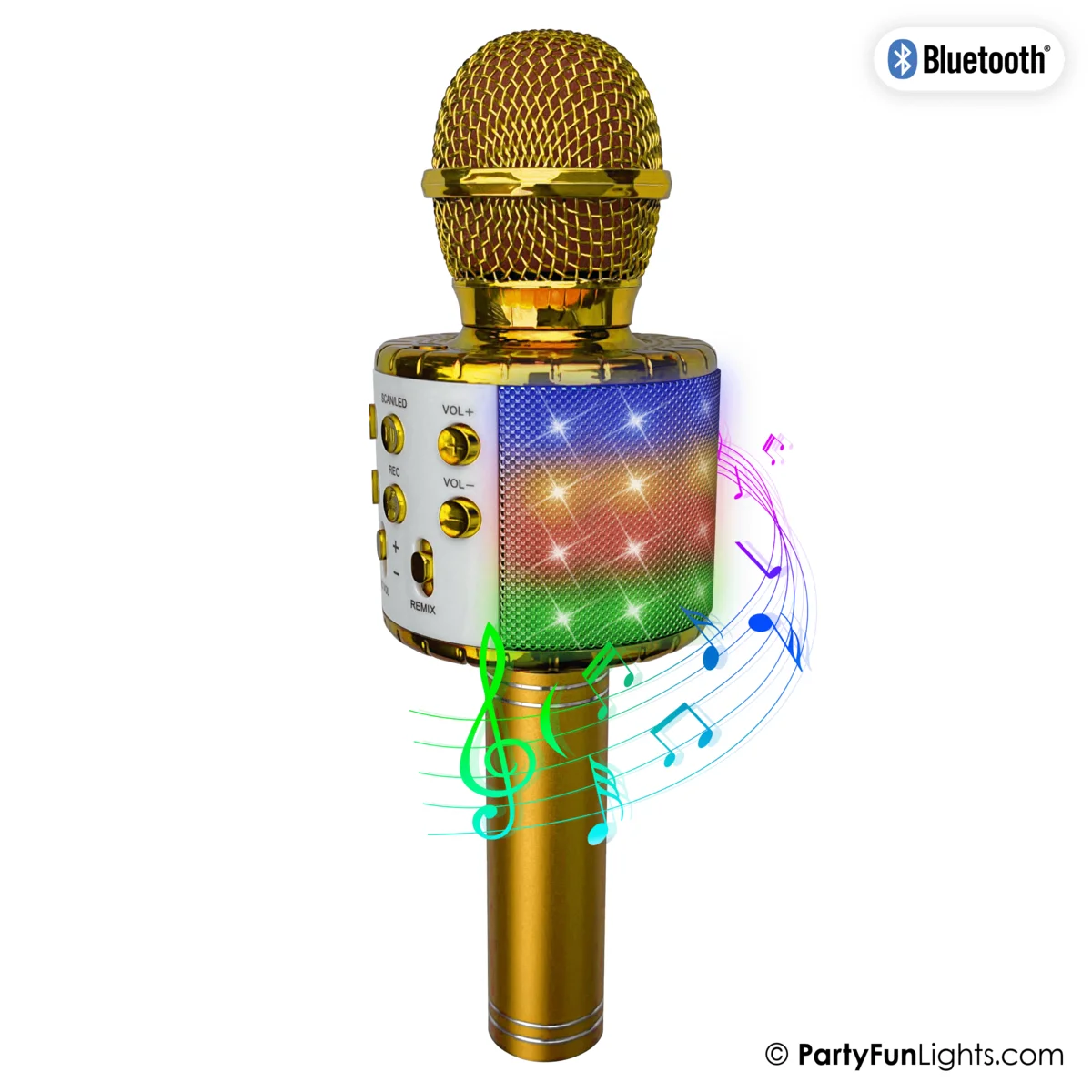 PartyFunLights Bluetooth Karaoke-Mikrofon mit  Beleuchtung und Lautsprecher in Gold