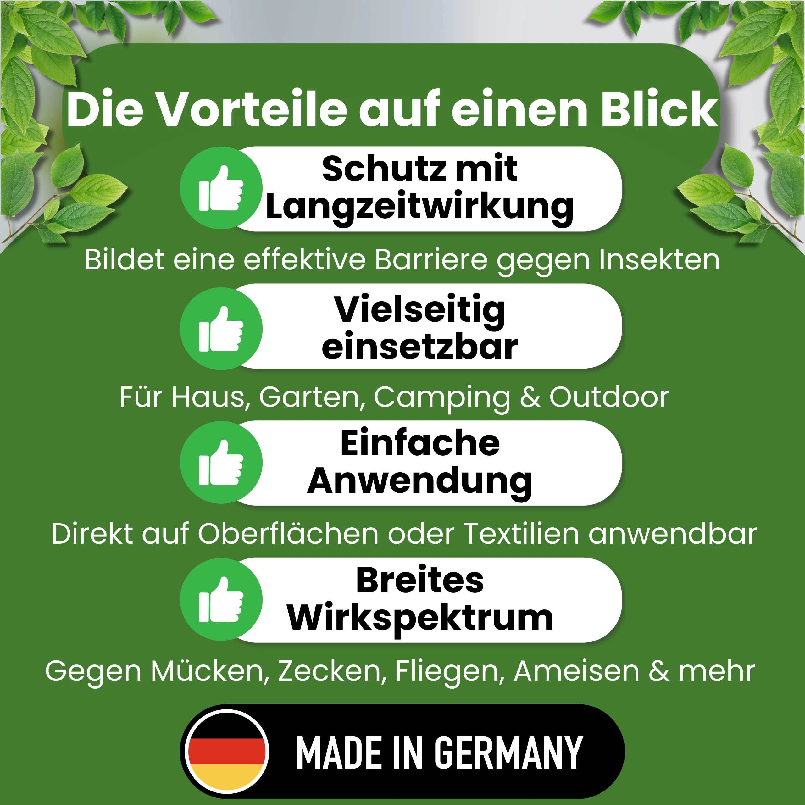 Produktvorteile des Insekten-Schutzschilds: Langzeitwirkung, vielseitig einsetzbar, einfache Anwendung, breites Wirkspektrum