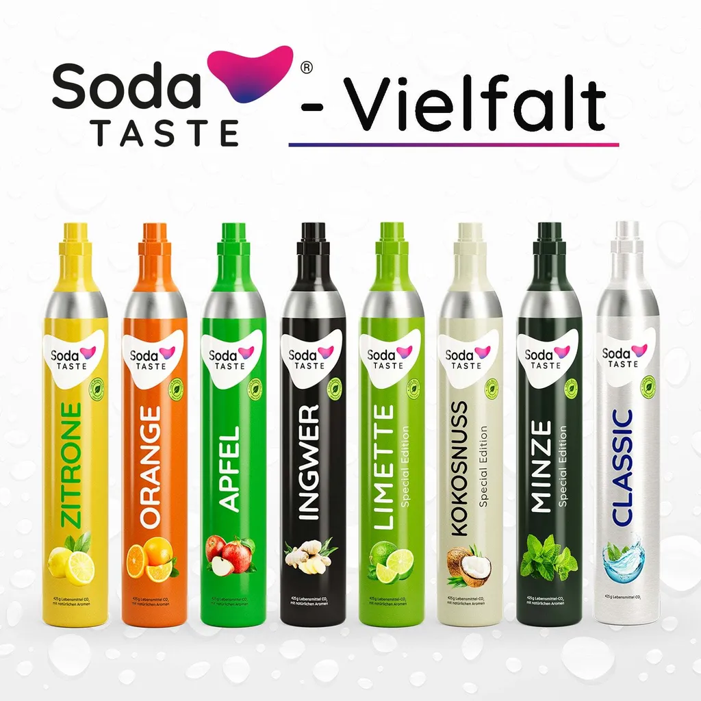 Verschiedene Co2 Aromazylinder wie zum Beispiel Orange, Apfel, Ingwer, Limette, Kokosnuss, Minze, Zitrone und Classic