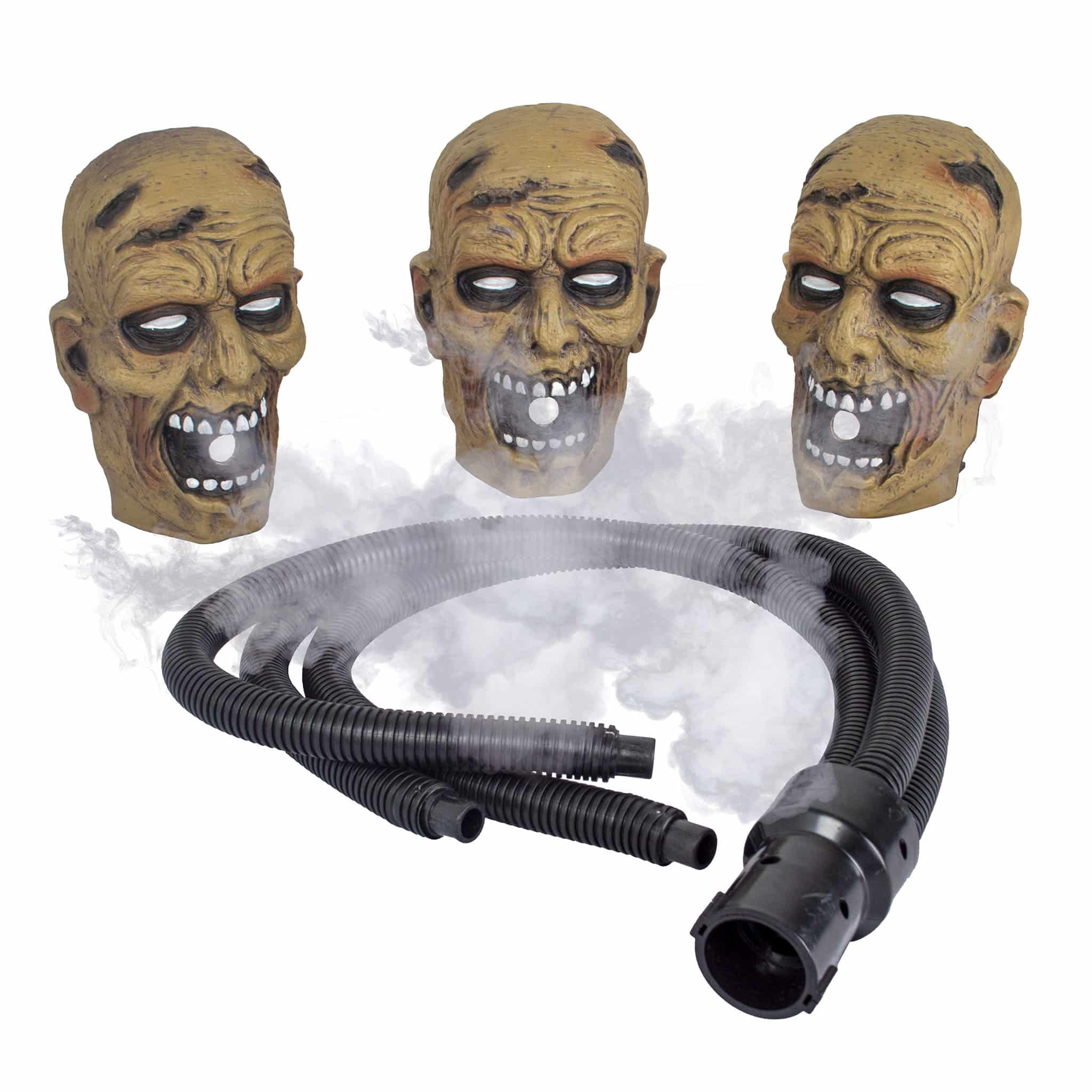Deko: Zombiekopf-Trio mit Nebelmaschinenzubehör