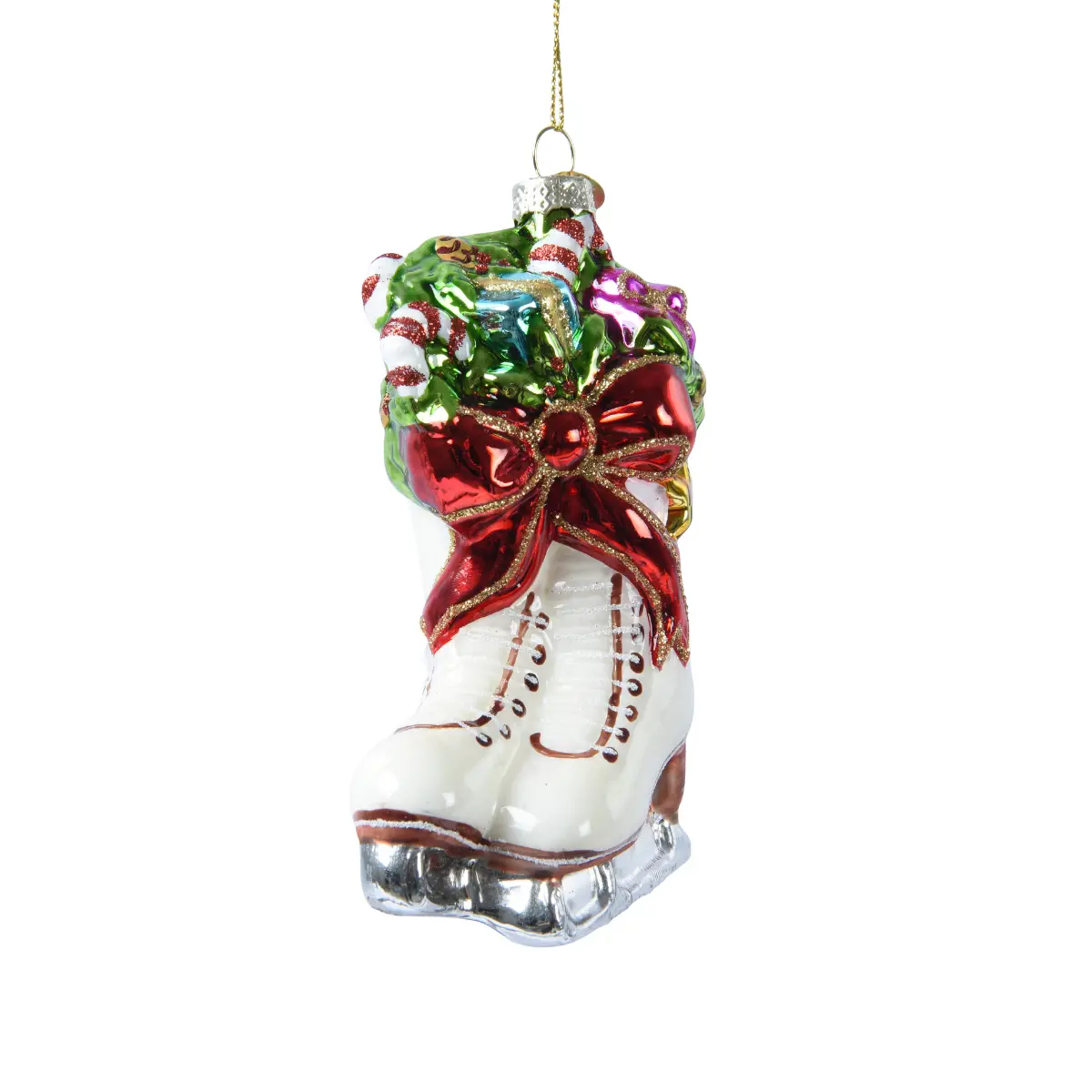 Weihnachtsbaum Deko zum Aufhängen Schlittschuhe weiß mit Schleife und Geschenke