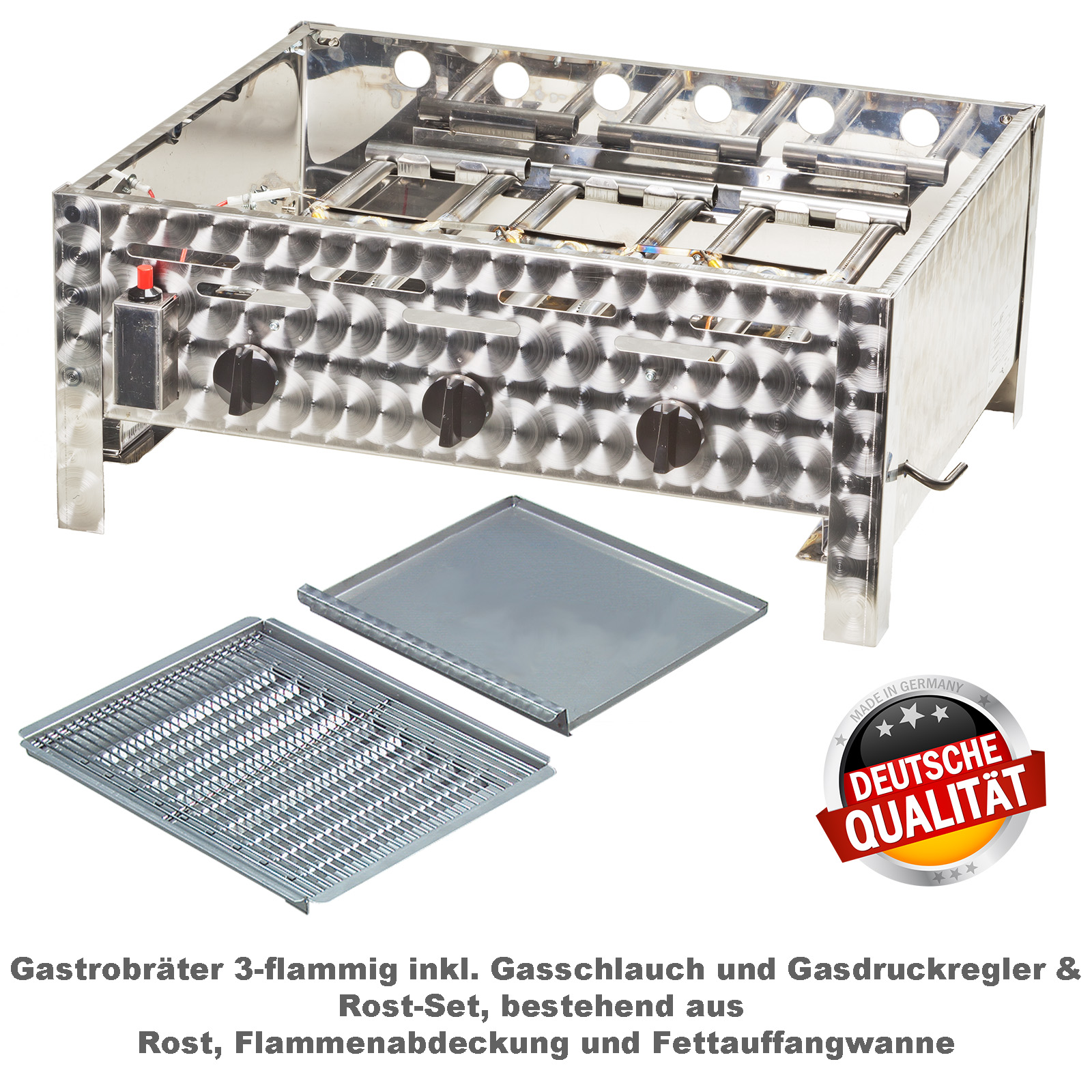Edelstahl-Gastrobräter 3-flammig Grundmodell  Grill mit Rost-Set