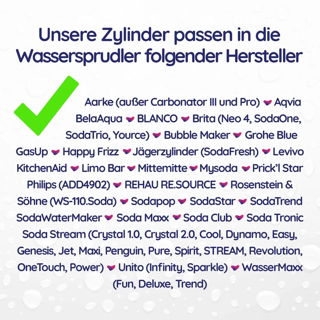 Passende Wassersprudler sind zum Beispiel Aarke, Aqvia, BelaAqua, Blanco, Soda Maxx, Soda Stream, Limo Bar, Soda Club und noch viele mehr