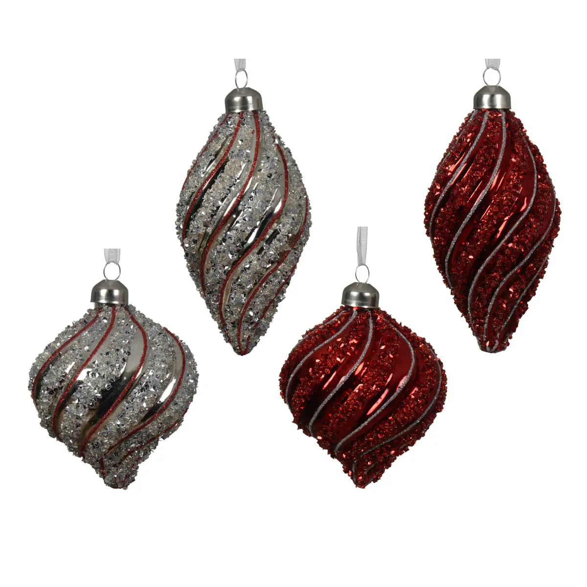 Kaemingk Weihnachtsbaumschmuck in silber und rot glitzernd Zwiebeilform kurz und lang