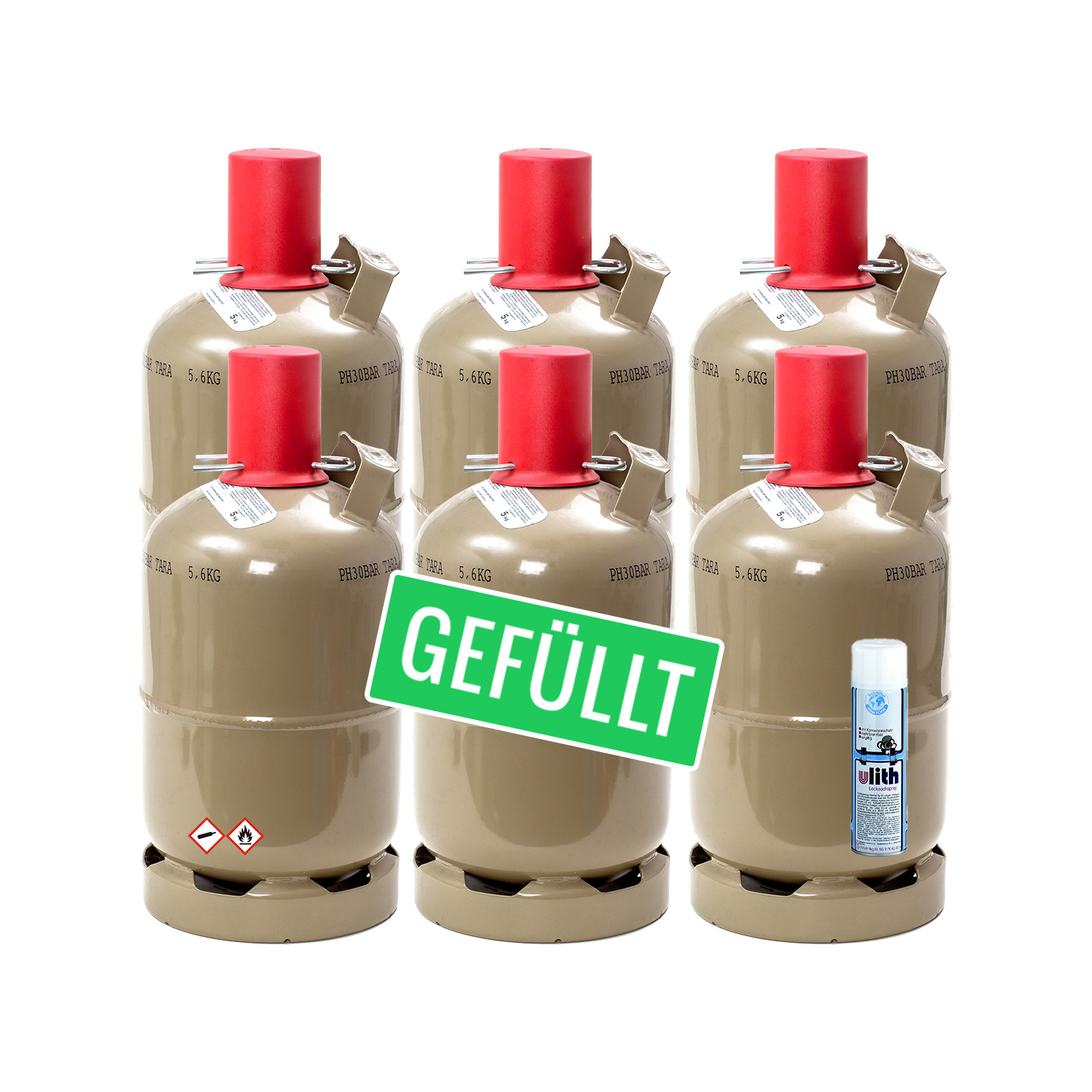 6x Propan-Gas-Flasche 5 kg gefüllt, inkl. Lecksuch  spray für Camping, Gasgrill, Gaskocher