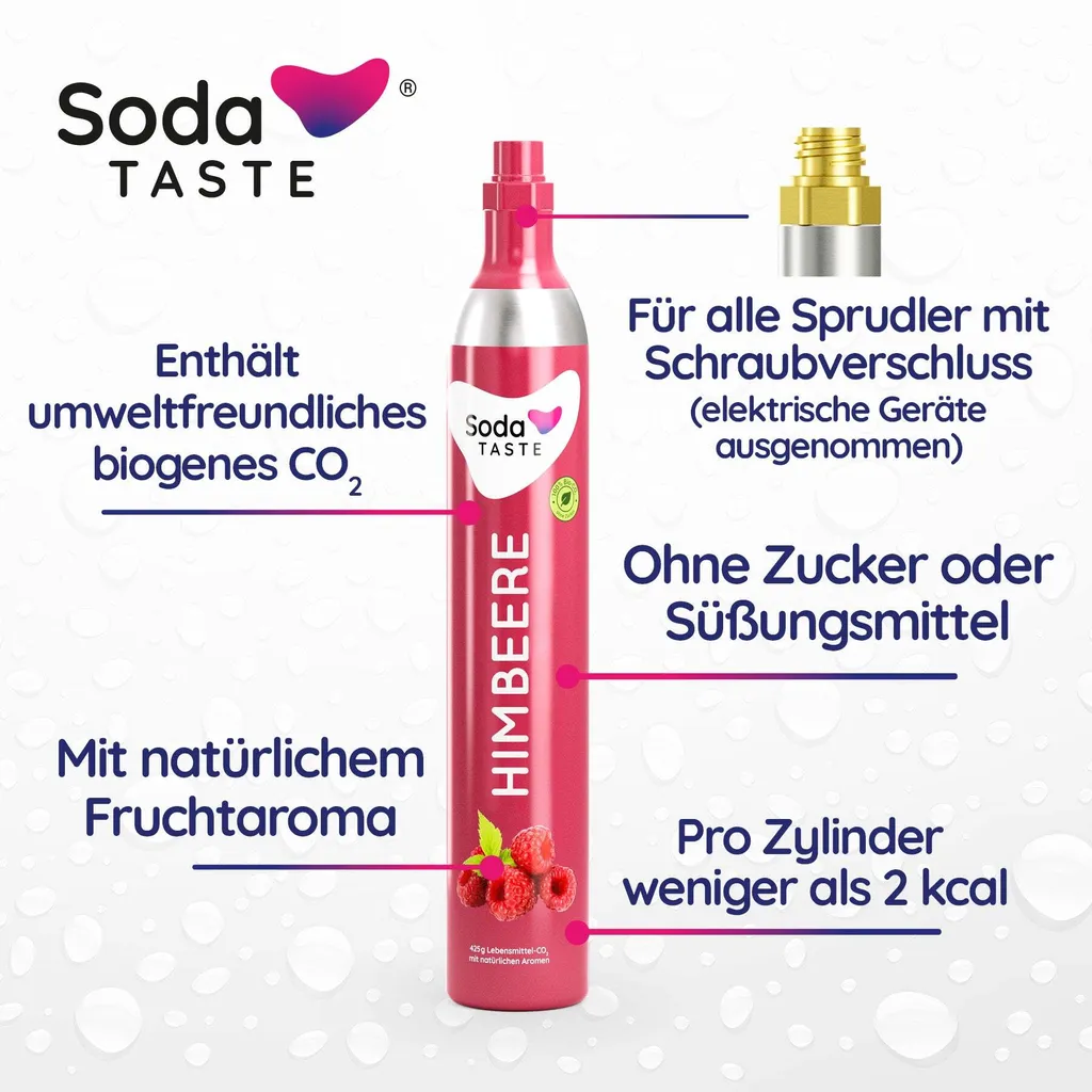 Pinker Co2 Himbeerenaroma Zylinder, Für alle Sprudler mit Schraubenverschluss, Enhält umweltfreundliches biogenes CO2, mit natürlichem Fruchtaroma, Ohne Zucker