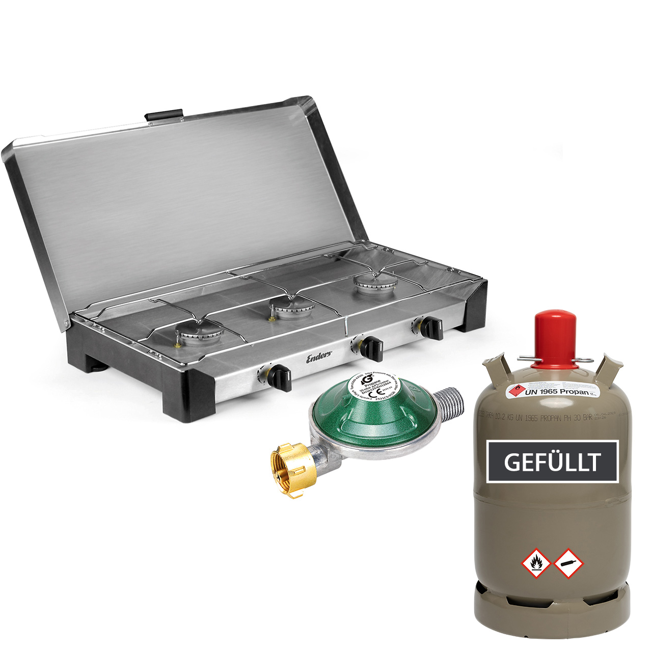 Enders - Campingkocher Brisbane 3 Z 50mbar  inkl. Schlauch, Druckminderer, 11kg grau Voll