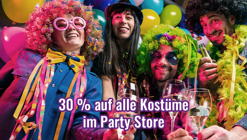 Menschen mit Partykostümen und dem Hinweis auf 30% Rabatt auf alle Kostüme im Party Store