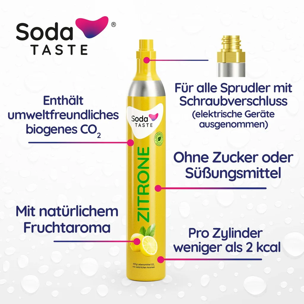 Gelber Co2 Zitronenaroma Zylinder, Für alle Sprudler mit Schraubenverschluss, Enhält umweltfreundliches biogenes CO2, mit natürlichem Fruchtaroma, Ohne Zucker