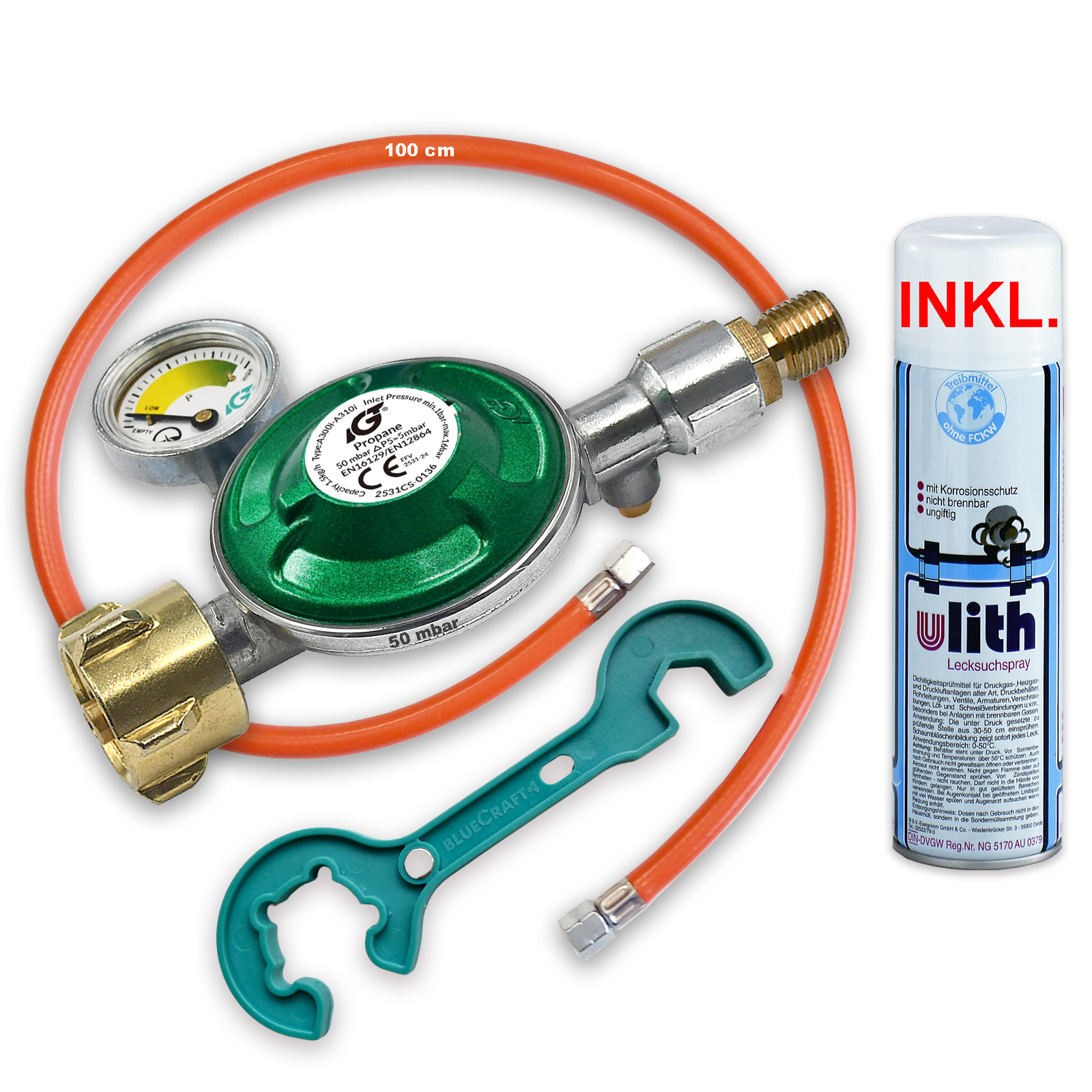 805950ASET150 _01_titelbild_50mbar_camping_gasregler_mit_gasflaschenschlüssel_gasschlauch_100cm_und_lecksuchspray