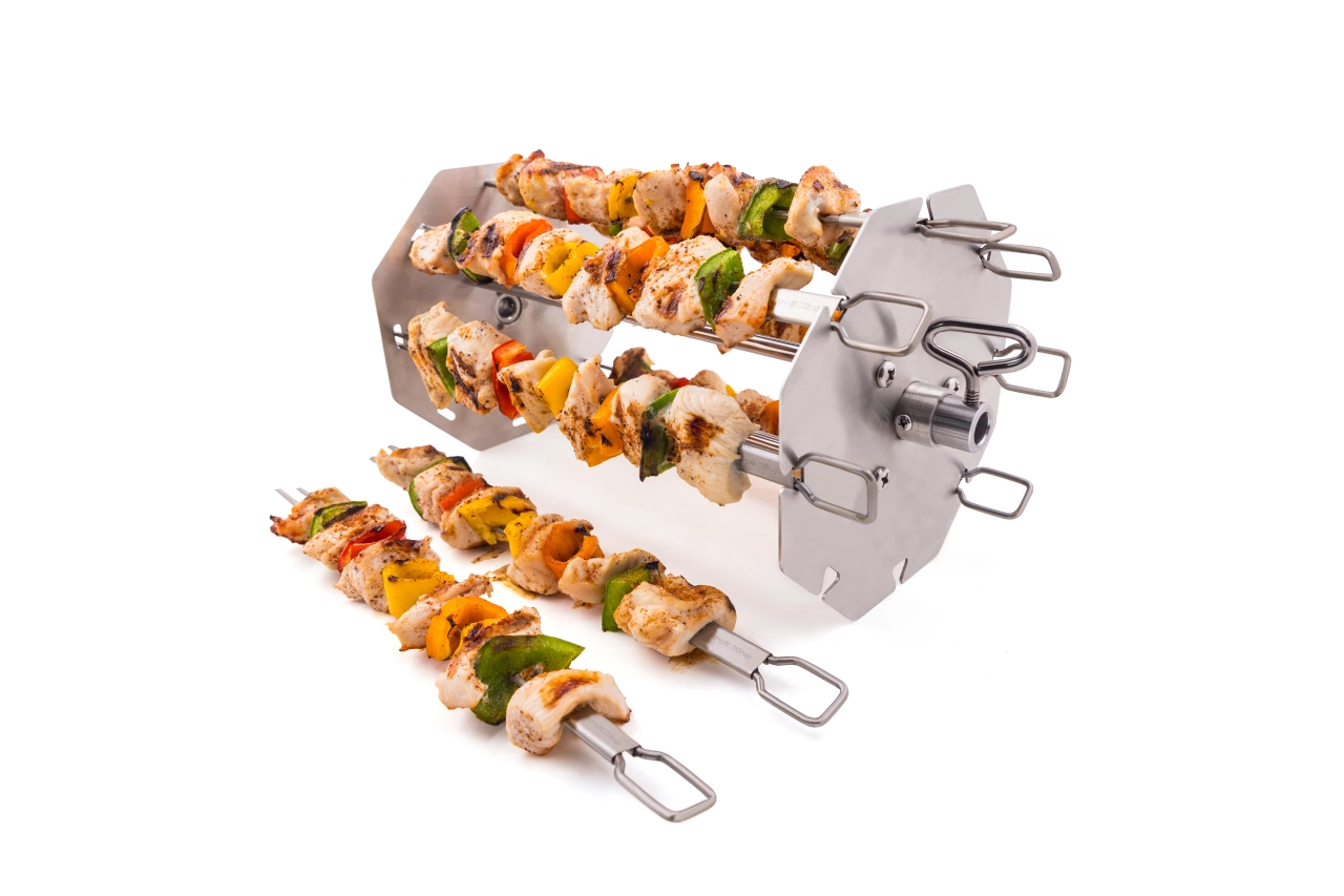 Drehspieß Rotisserie Spieße-Set bestückt mit Fleisch