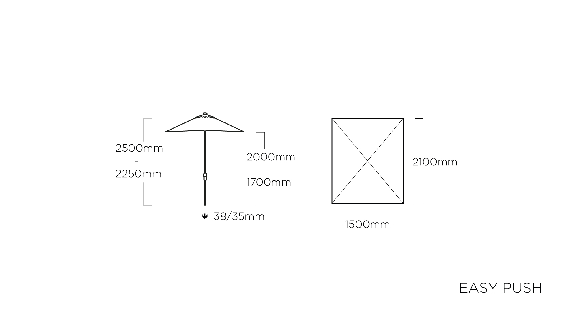 Kettler Easy Push Sonnenschirm 150 x 210 cm Abbildung Maße