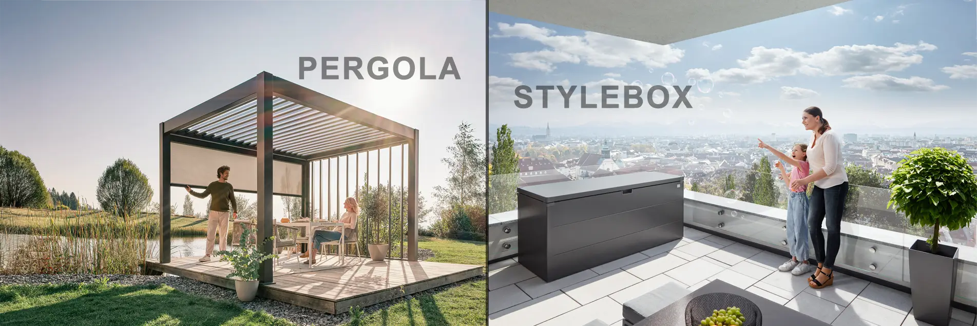 Links die Pergola in der Nachmittagssonne mit Fundament an einem Teich, rechts die Stylebox auf einen überdachten Balkon